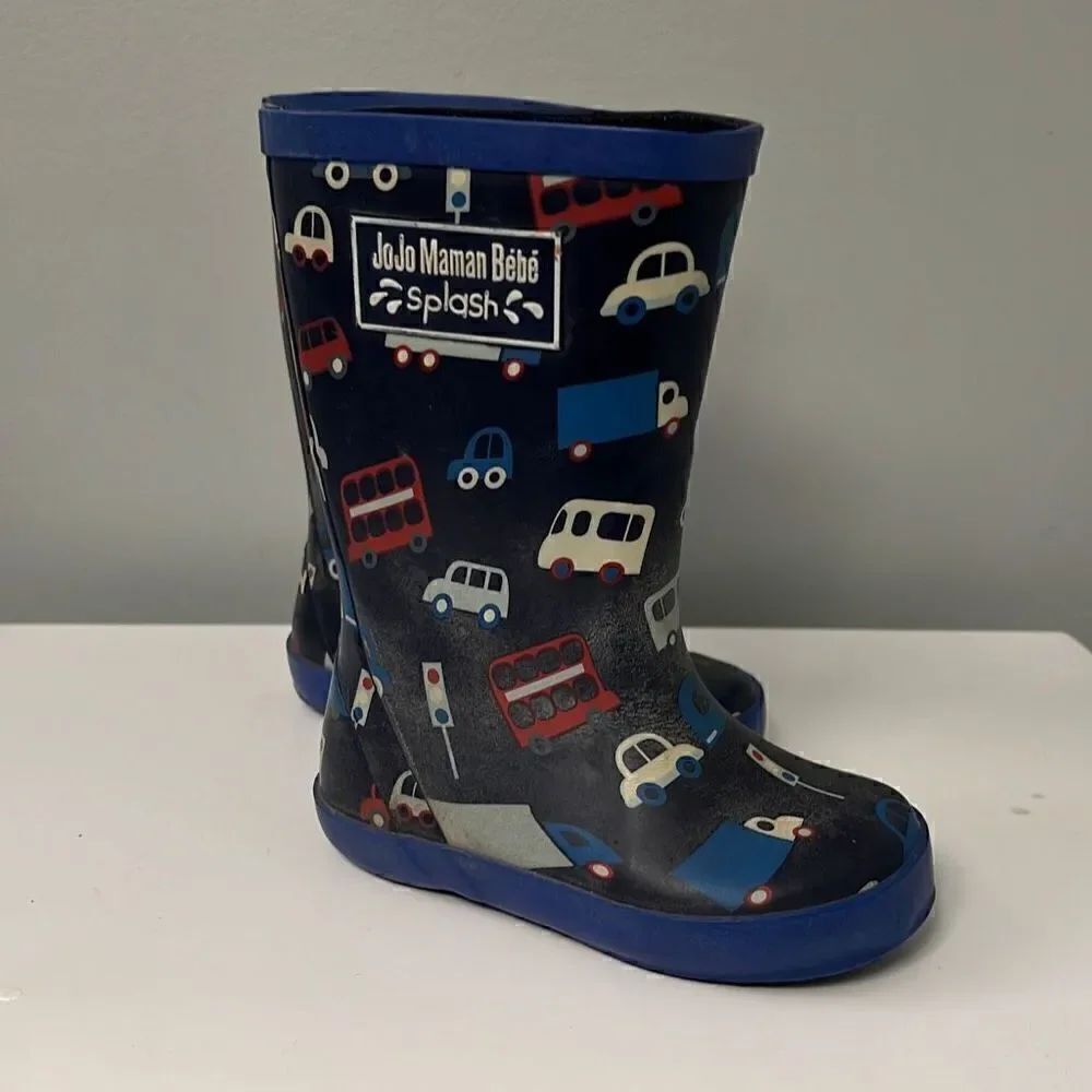 Jojo Maman Bebe Splash Kids' Black Blue Cars Rubber Rain Boots Size 5